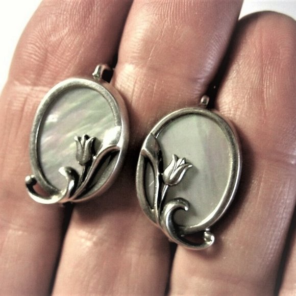 Russian Russia Sterling Silver 925 Mother Of Pearl MOP Tulip Pierced Earrings